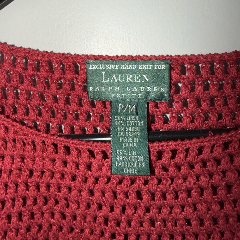 90’s Lauren Ralph Lauren Exclusive Hand Knit Linen Cotton Sweater PM Red Open - Picture 2 of 6